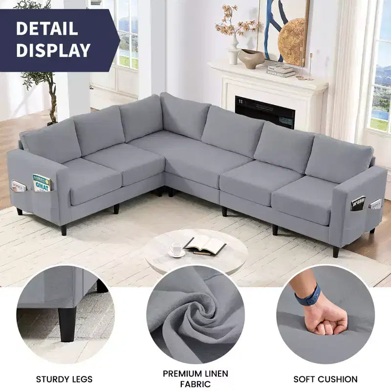 Divano componibile oversize 108Linen, a L, con tasca laterale, grande divano angolare a 6 posti