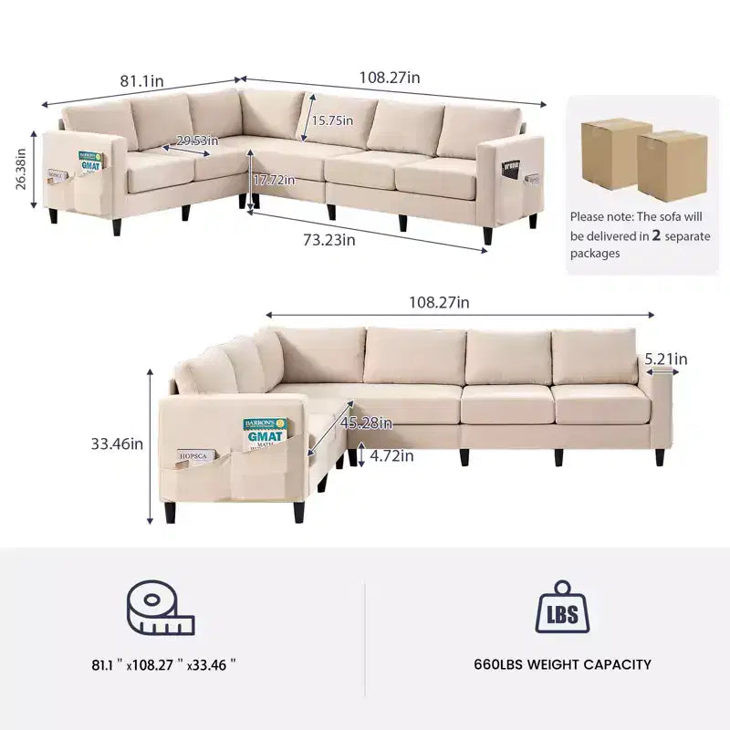108Linen Oversized Modular Sectional Sofa, L, Shaped Sectional Sofas with Side Pocket, Large 6 Seater Corner Sofa