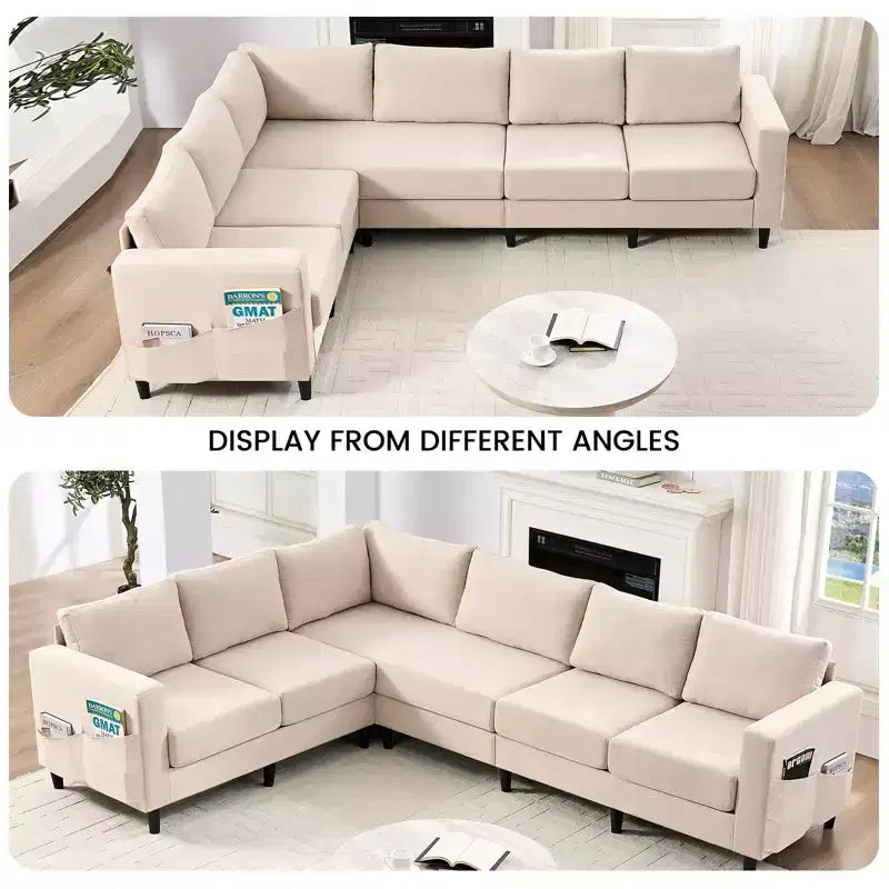 Divano componibile oversize 108Linen, a L, con tasca laterale, grande divano angolare a 6 posti