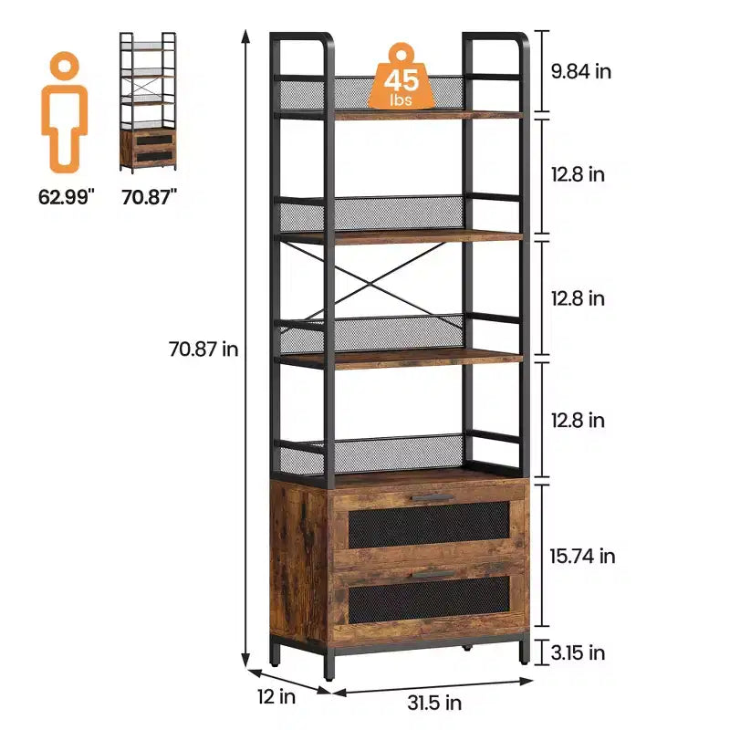 4, Tier Industrial Bookcase, Bookshelf with Drawers Storage, 70.87 Tall Display Racks Farmhouse Bookshelf Rustic Bookshelves