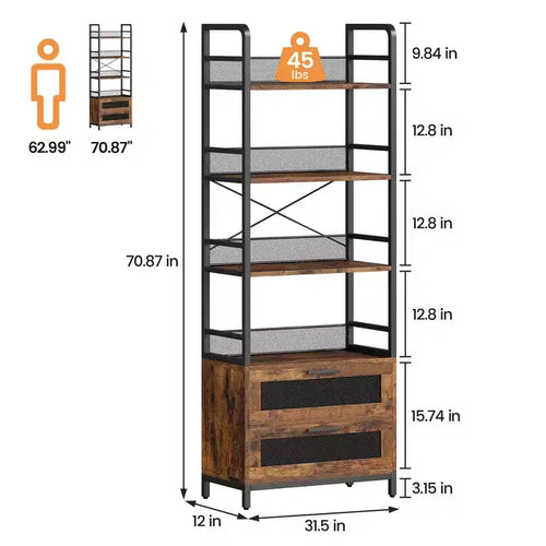 Libreria industriale a 4 ripiani, Scaffale con cassetti, Espositori alti 180 cm, Libreria in stile rustico e coloniale