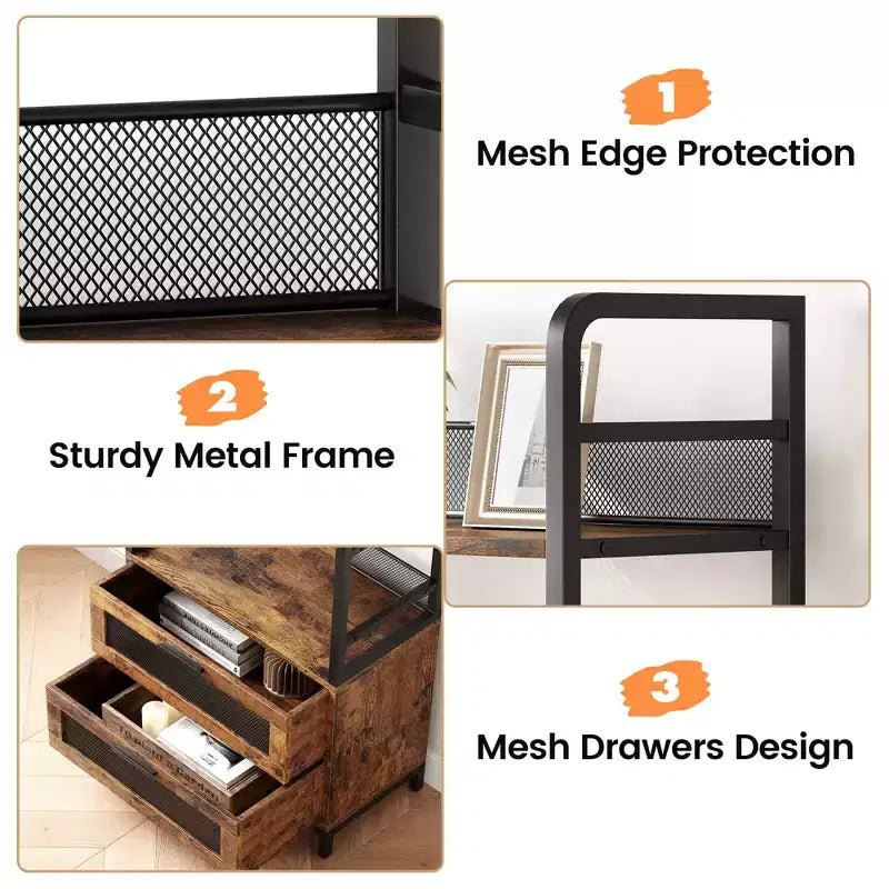 4, Tier Industrial Bookcase, Bookshelf with Drawers Storage, 70.87 Tall Display Racks Farmhouse Bookshelf Rustic Bookshelves