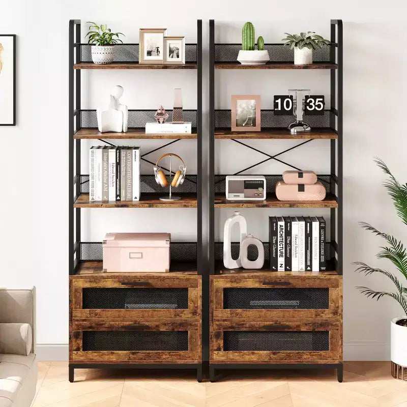 Libreria industriale a 4 ripiani, Scaffale con cassetti, Espositori alti 180 cm, Libreria in stile rustico e coloniale