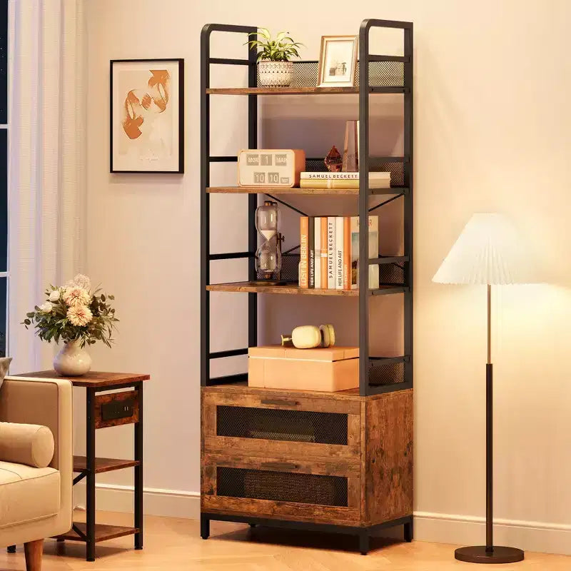 4, Tier Industrial Bookcase, Bookshelf with Drawers Storage, 70.87 Tall Display Racks Farmhouse Bookshelf Rustic Bookshelves