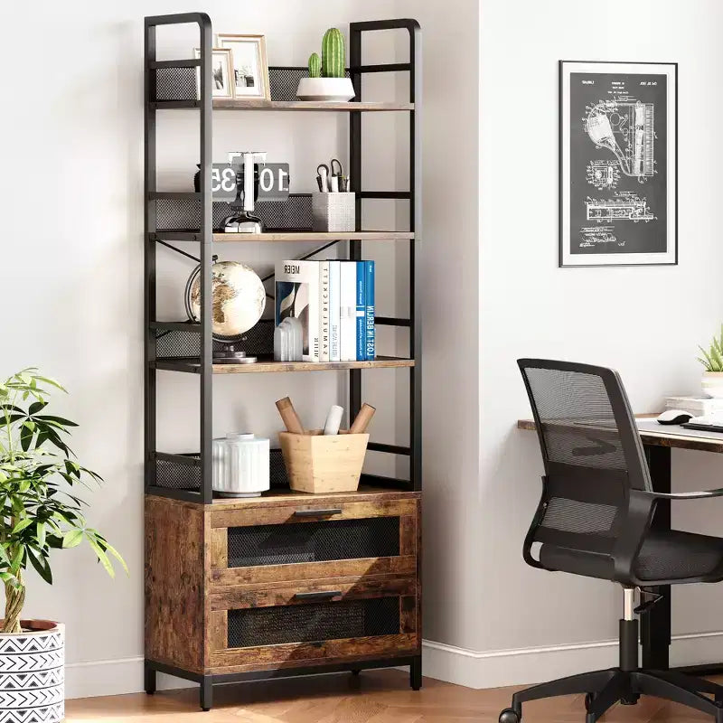 Libreria industriale a 4 ripiani, Scaffale con cassetti, Espositori alti 180 cm, Libreria in stile rustico e coloniale