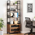 Libreria industriale a 4 ripiani, Scaffale con cassetti, Espositori alti 180 cm, Libreria in stile rustico e coloniale
