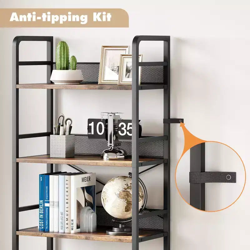 Libreria industriale a 4 ripiani, Scaffale con cassetti, Espositori alti 180 cm, Libreria in stile rustico e coloniale