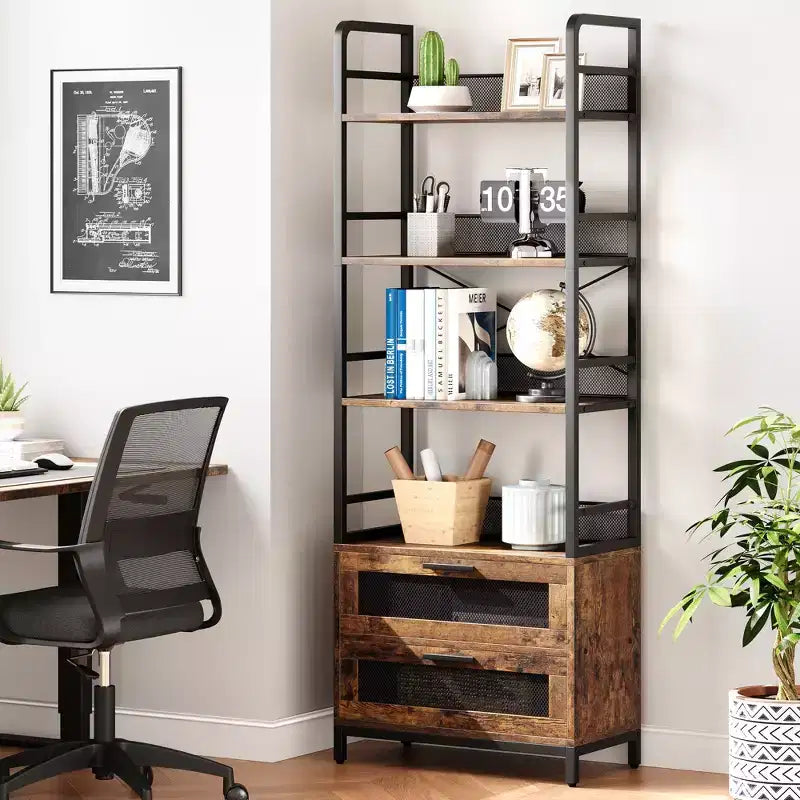 Libreria industriale a 4 ripiani, Scaffale con cassetti, Espositori alti 180 cm, Libreria in stile rustico e coloniale