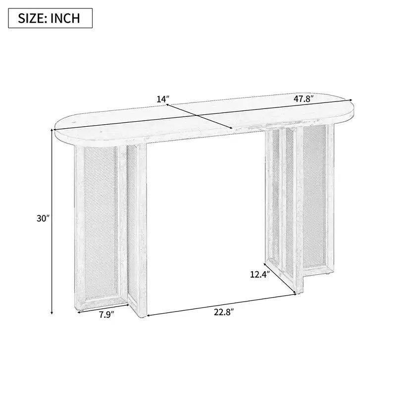 Rattan Narrow Console Table with Oval Top and Storage for Living Room and Entran