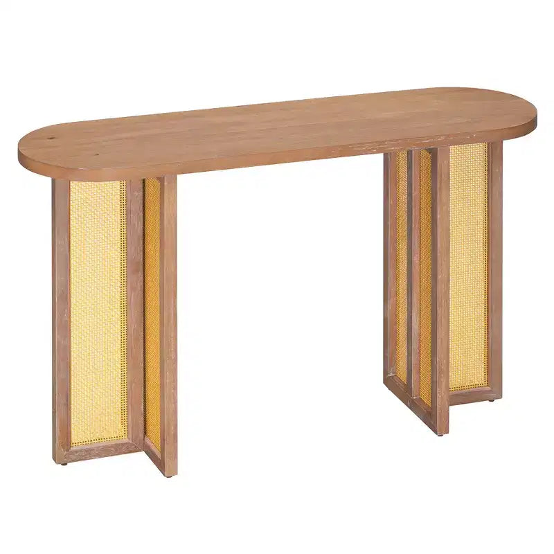 Rattan Narrow Console Table with Oval Top and Storage for Living Room and Entran