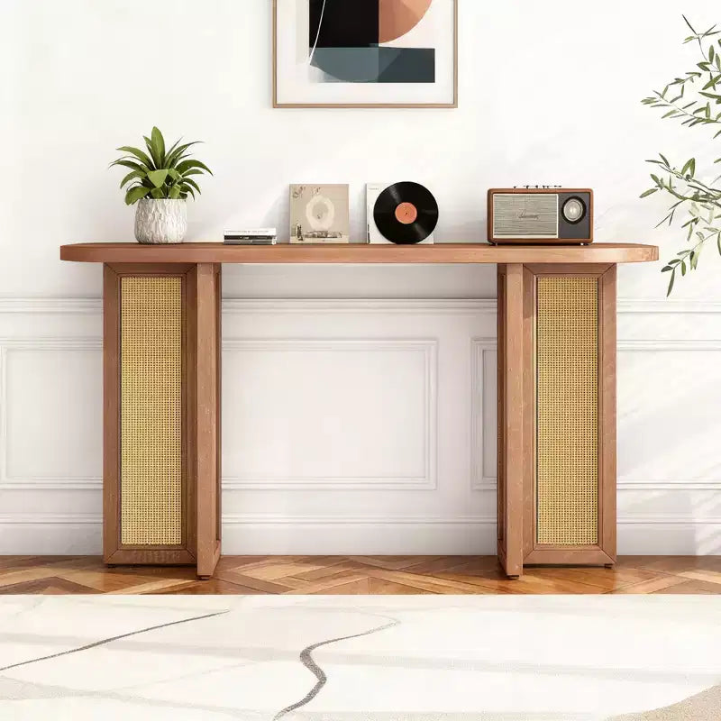 Rattan Narrow Console Table with Oval Top and Storage for Living Room and Entran