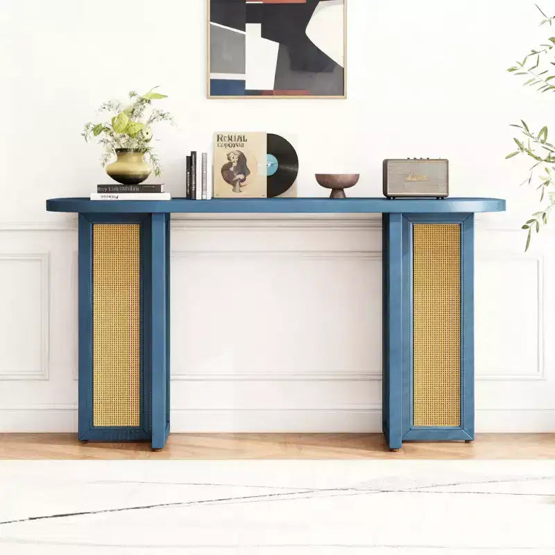 Rattan Narrow Console Table with Oval Top and Storage for Living Room and Entran
