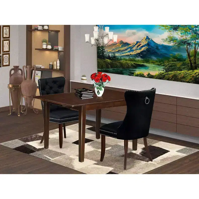 3, Pc Mahogany Finish Rectangular Solid Wood Top with Butterfly Leaf Dining Table Set