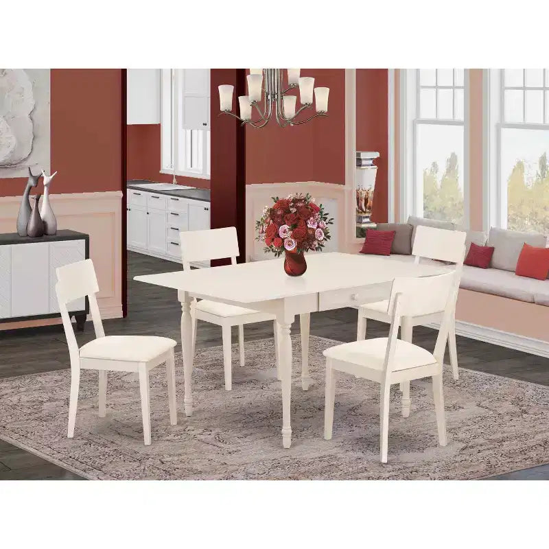 5, Pc Linen White Finish Solid Wood Top, Dining Room Set with Dropleaf, Seats 4