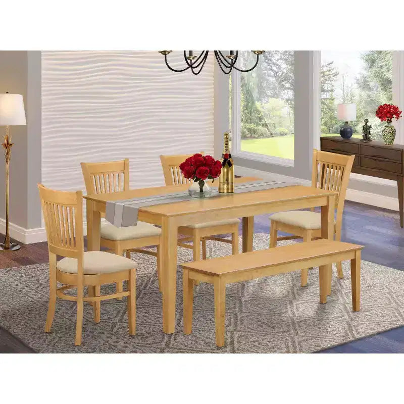 6, Piece Rectangle Natural Oak Finish Solid Wood Top Dining Table with 1 Bench, 4 Chairs
