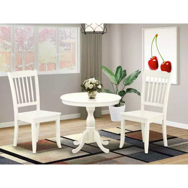 3, Piece Linen White Finish Solid Wood Top, Dining Room Set, Seats 4