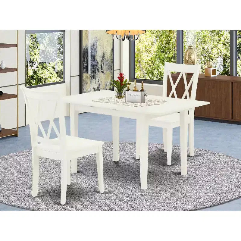 3, Piece Linen White Finish Rectangular Solid Wood Top with Butterfly Leaf Dining Table Set
