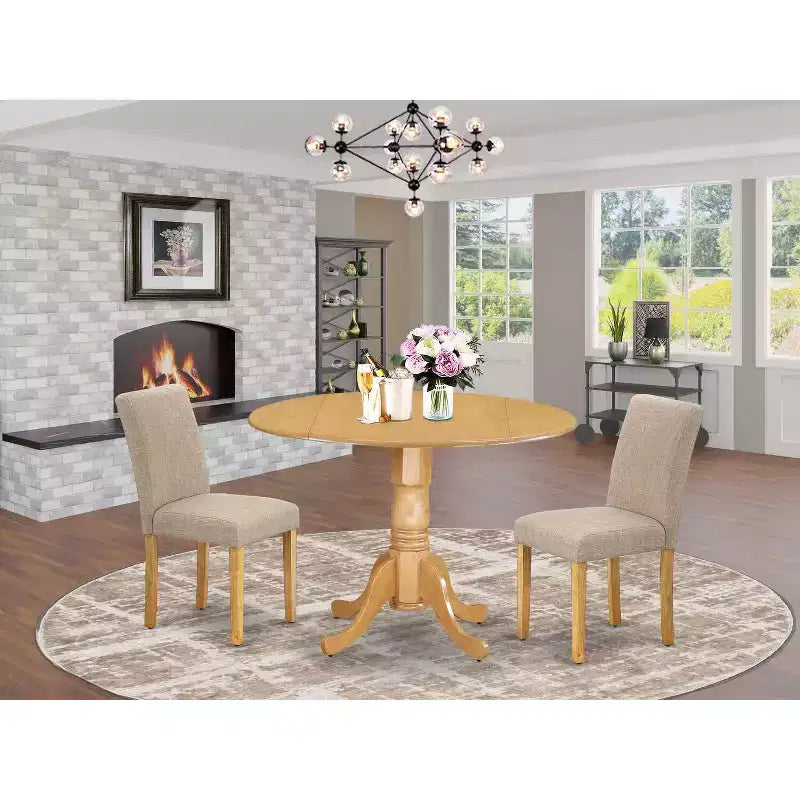 3, Piece Natural Oak Finish Solid Wood Top, Round Dining Room Set, Seats 4