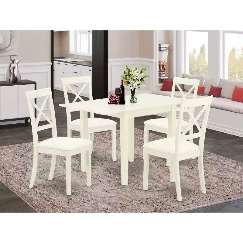 Set sala da pranzo 5 pezzi, piano in legno massello finitura bianco lino, 4 posti a sedere