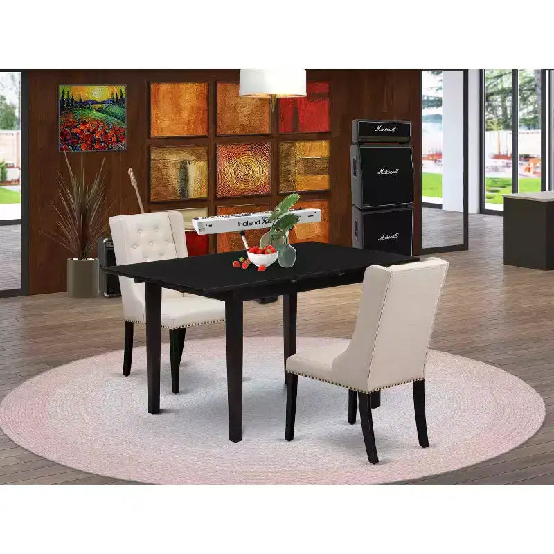 3, Pc Black Finish Rectangular Solid Wood Top with Butterfly Leaf Dining Table Set