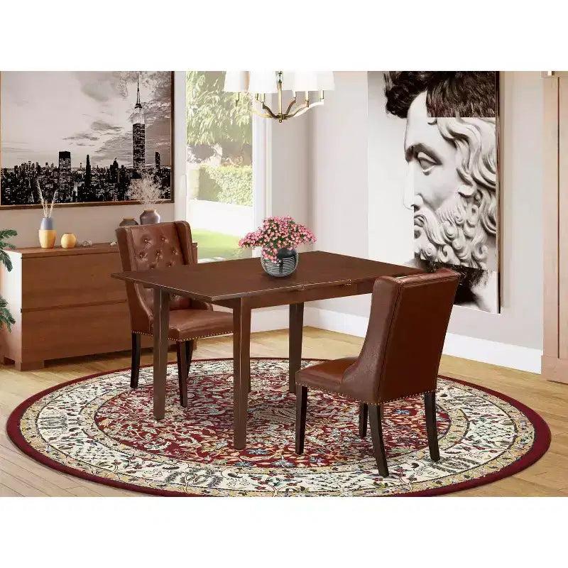 Set da pranzo di 3 pezzi in legno massello con finitura in mogano e piano con allunga a farfalla
