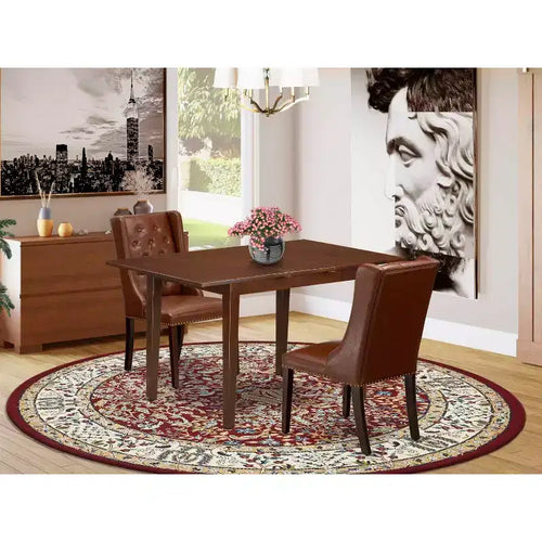 Set da pranzo di 3 pezzi in legno massello con finitura in mogano e piano con allunga a farfalla
