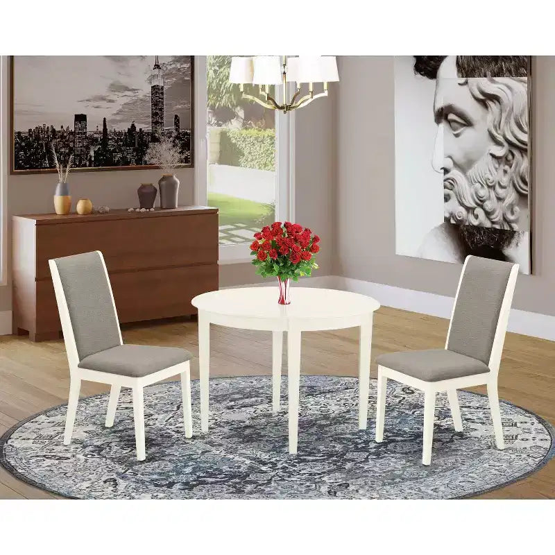 3, Pc Linen White Finish Round Solid Wood Top Dining Table Set