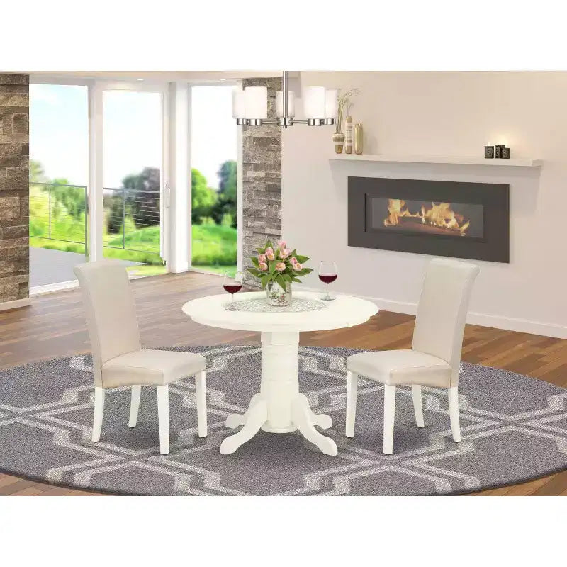 Set da pranzo rotondo da 3 pezzi in lino bianco, con ripiano in legno massello, 4 posti