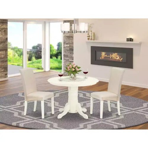 Set da pranzo rotondo da 3 pezzi in lino bianco, con ripiano in legno massello, 4 posti