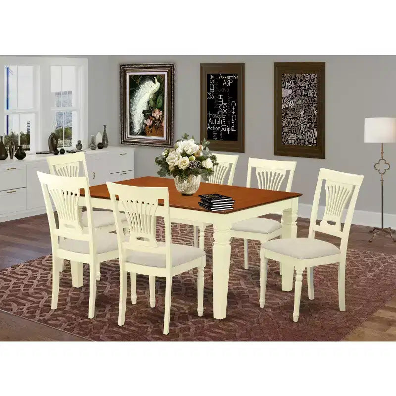 Tavolo da pranzo da 7 pezzi con piano in legno massello con finitura color ciliegia e 6 sedie