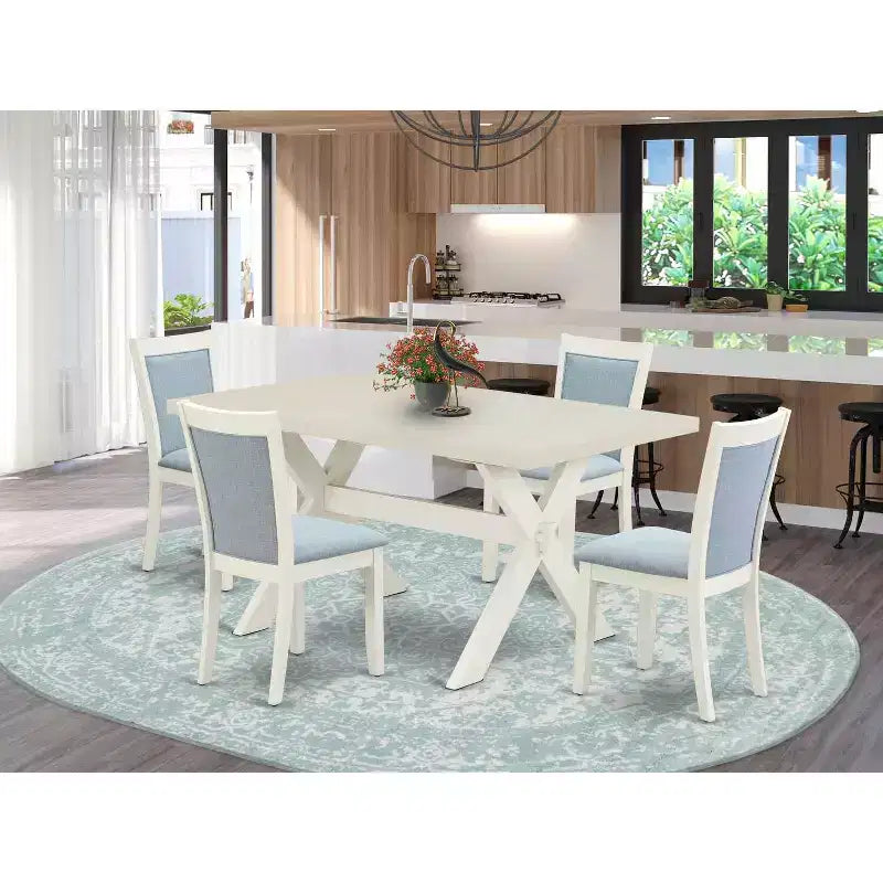 Tavolo da pranzo da 5 pezzi con ripiano in legno massiccio in finitura lino spazzolato bianco e 4 sedie