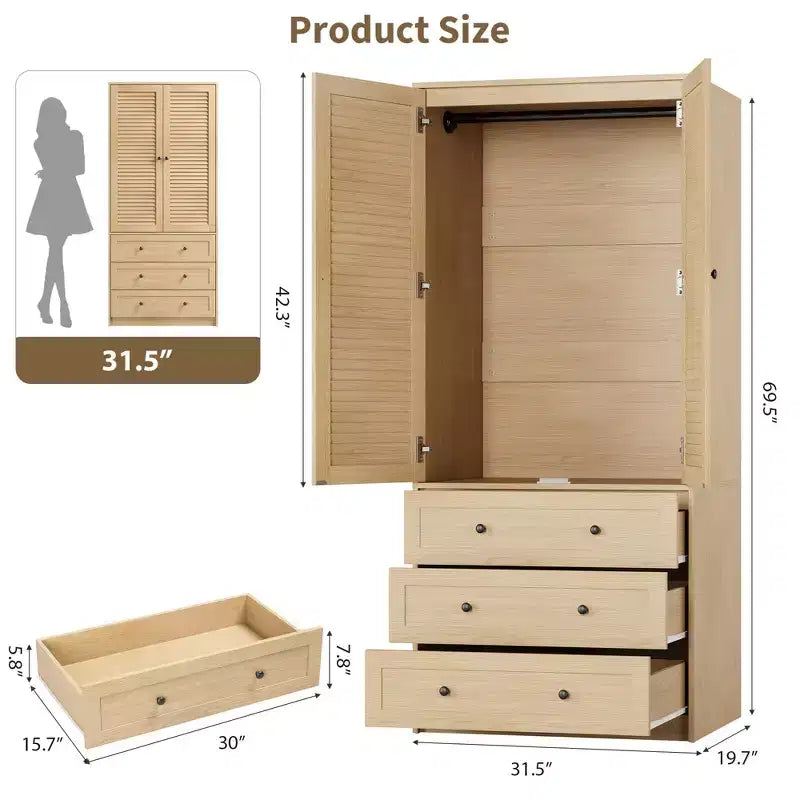69.5 Wooden Wardrobe Armoire with 2 Louvered Doors, Freestanding Closet with Hanging Rod & Large Storage Cabinet for Bedroom, Natural