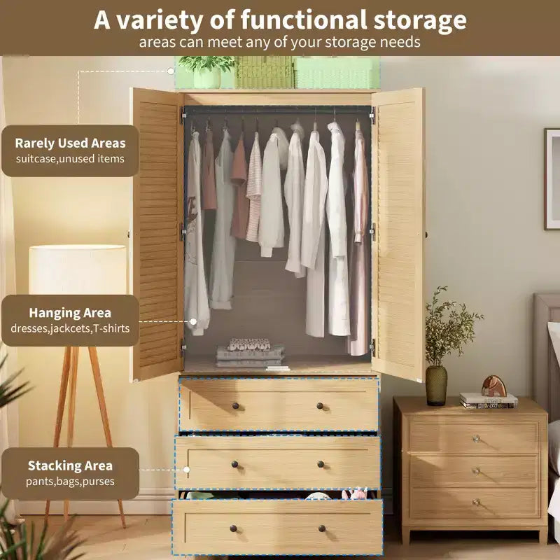 69.5 Wooden Wardrobe Armoire with 2 Louvered Doors, Freestanding Closet with Hanging Rod & Large Storage Cabinet for Bedroom, Natural
