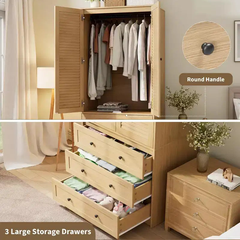 Armadio guardaroba in legno da 69,5 con 2 ante a persiana, armadio autoportante con asta appendiabiti e ampio mobile contenitore per camera da letto, naturale