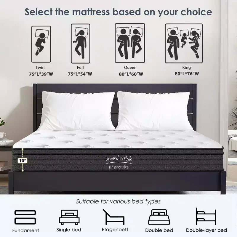 Materasso Ibrido Matrimoniale da 8 Pollici con Memory Foam, Molle Insacchettate, Media Rigidità