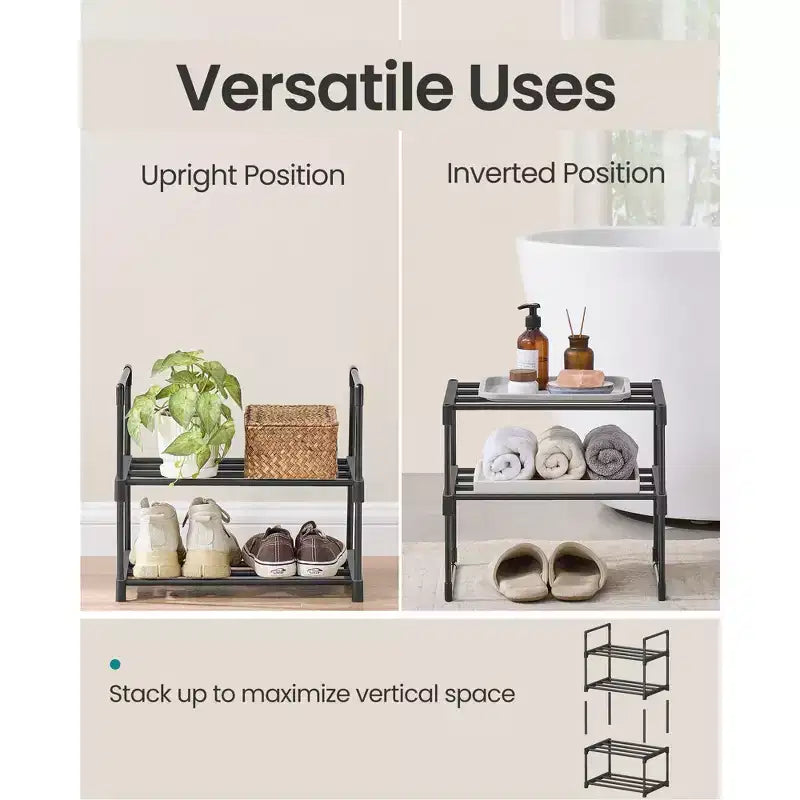 2, Tier Stackable Shoe Rack, 14.8 Inch Metal Shoe Organizer with 22 lb per Tier Capacity, Upright & Reversible for Entryway, Black