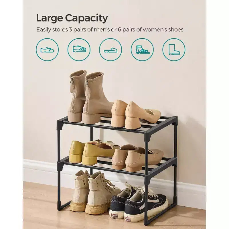 2, Tier Stackable Shoe Rack, 14.8 Inch Metal Shoe Organizer with 22 lb per Tier Capacity, Upright & Reversible for Entryway, Black