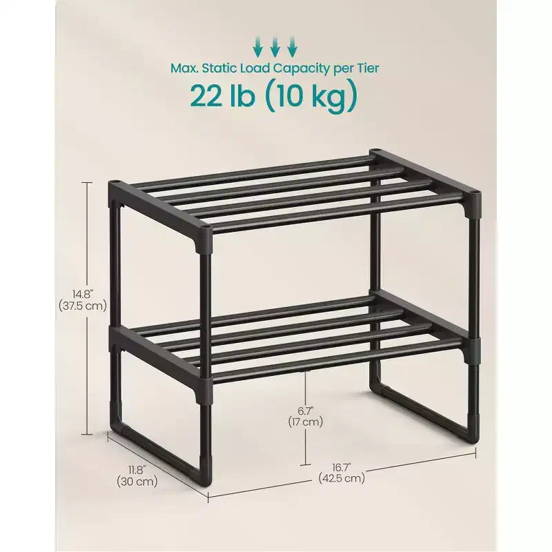 2, Tier Stackable Shoe Rack, 14.8 Inch Metal Shoe Organizer with 22 lb per Tier Capacity, Upright & Reversible for Entryway, Black