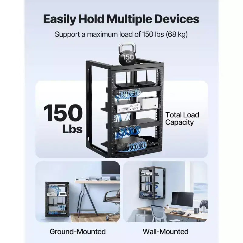 15U Wall Mount Server Rack, 150 lbs Max Load Capacity, Open Frame Network Rack with 180 Degrees Gate Swing, Carbon Steel, Black