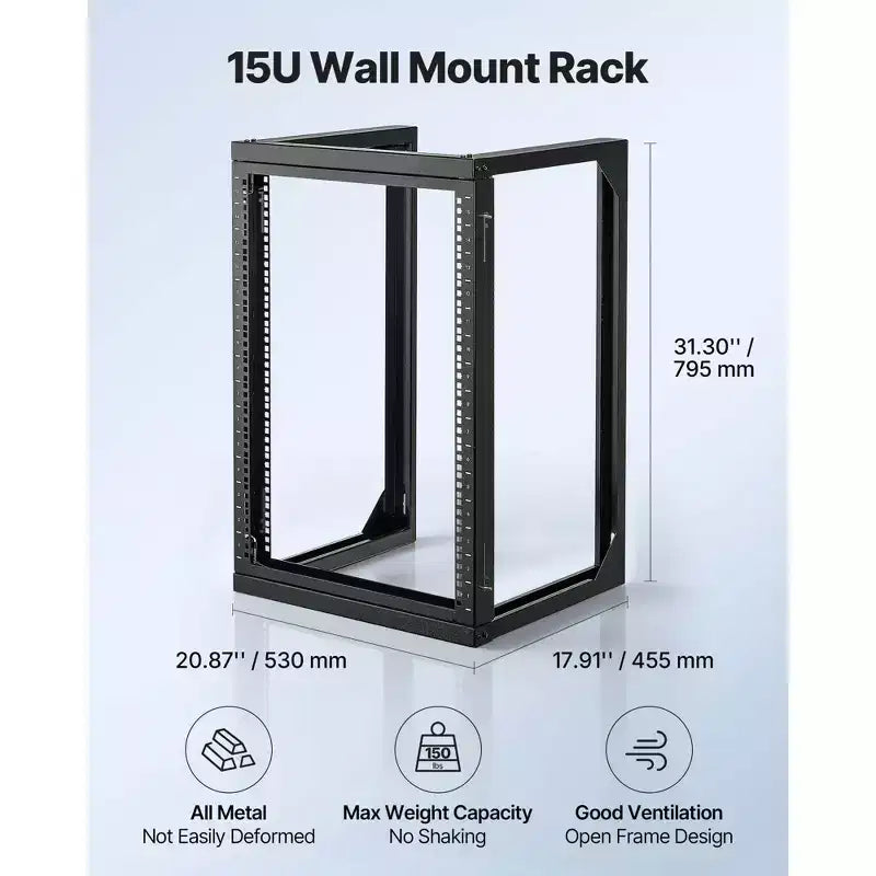 Armadio rack da muro 15U, capacità di carico massima 150 libbre, rack di rete a telaio aperto con rotazione a 180 gradi, acciaio al carbonio, nero
