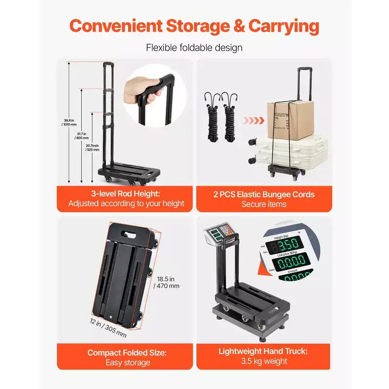 Carrello pieghevole, capacità di carico 226 kg, carrello portabagagli pieghevole con 6 ruote, 2 corde elastiche e base espandibile, nero