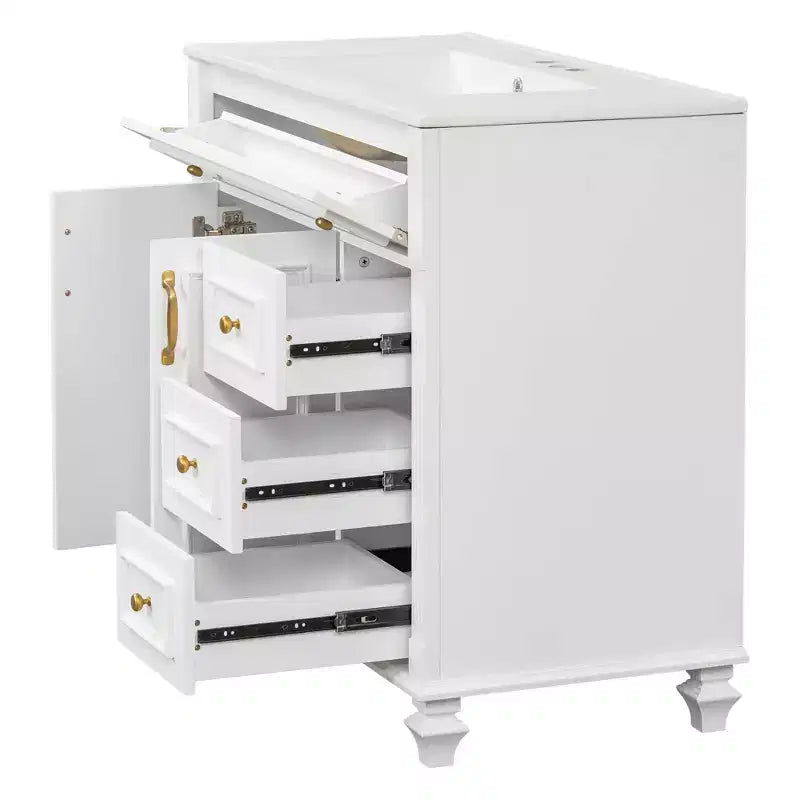 Mobile bagno da 91 cm con lavabo, mobile bianco con cassetto a ribalta, 3 cassetti, 2 ante con chiusura ammortizzata, legno massello MDF, ferramenta dorata