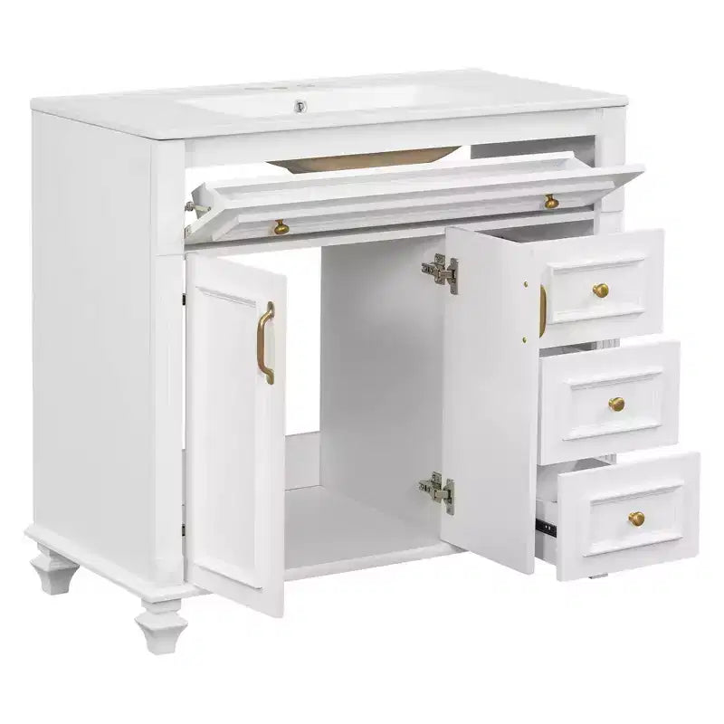 Mobile bagno da 91 cm con lavabo, mobile bianco con cassetto a ribalta, 3 cassetti, 2 ante con chiusura ammortizzata, legno massello MDF, ferramenta dorata