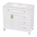 Mobile bagno da 91 cm con lavabo, mobile bianco con cassetto a ribalta, 3 cassetti, 2 ante con chiusura ammortizzata, legno massello MDF, ferramenta dorata