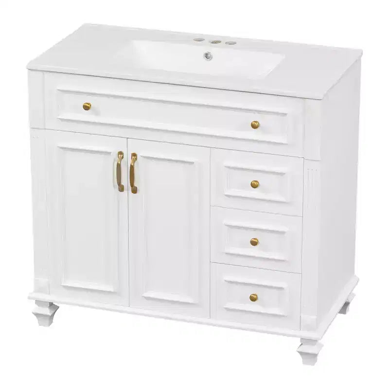 Mobile bagno da 91 cm con lavabo, mobile bianco con cassetto a ribalta, 3 cassetti, 2 ante con chiusura ammortizzata, legno massello MDF, ferramenta dorata