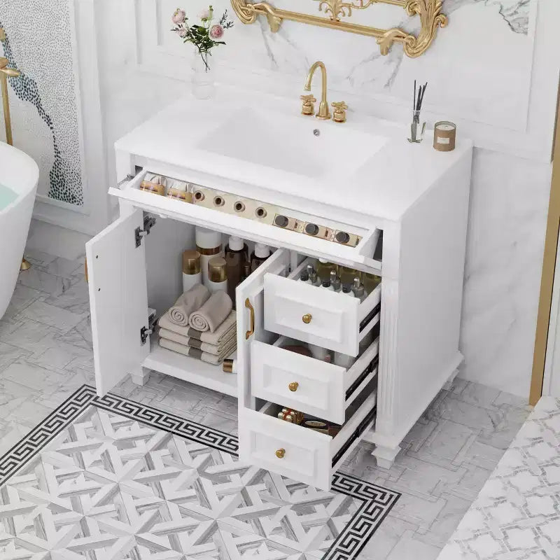 Mobile bagno da 91 cm con lavabo, mobile bianco con cassetto a ribalta, 3 cassetti, 2 ante con chiusura ammortizzata, legno massello MDF, ferramenta dorata
