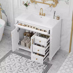 Mobile bagno da 91 cm con lavabo, mobile bianco con cassetto a ribalta, 3 cassetti, 2 ante con chiusura ammortizzata, legno massello MDF, ferramenta dorata