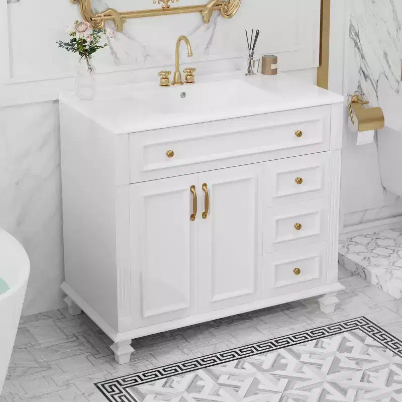 Mobile bagno da 91 cm con lavabo, mobile bianco con cassetto a ribalta, 3 cassetti, 2 ante con chiusura ammortizzata, legno massello MDF, ferramenta dorata