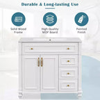 Mobile bagno da 91 cm con lavabo, mobile bianco con cassetto a ribalta, 3 cassetti, 2 ante con chiusura ammortizzata, legno massello MDF, ferramenta dorata