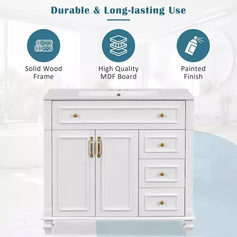 Mobile bagno da 91 cm con lavabo, mobile bianco con cassetto a ribalta, 3 cassetti, 2 ante con chiusura ammortizzata, legno massello MDF, ferramenta dorata